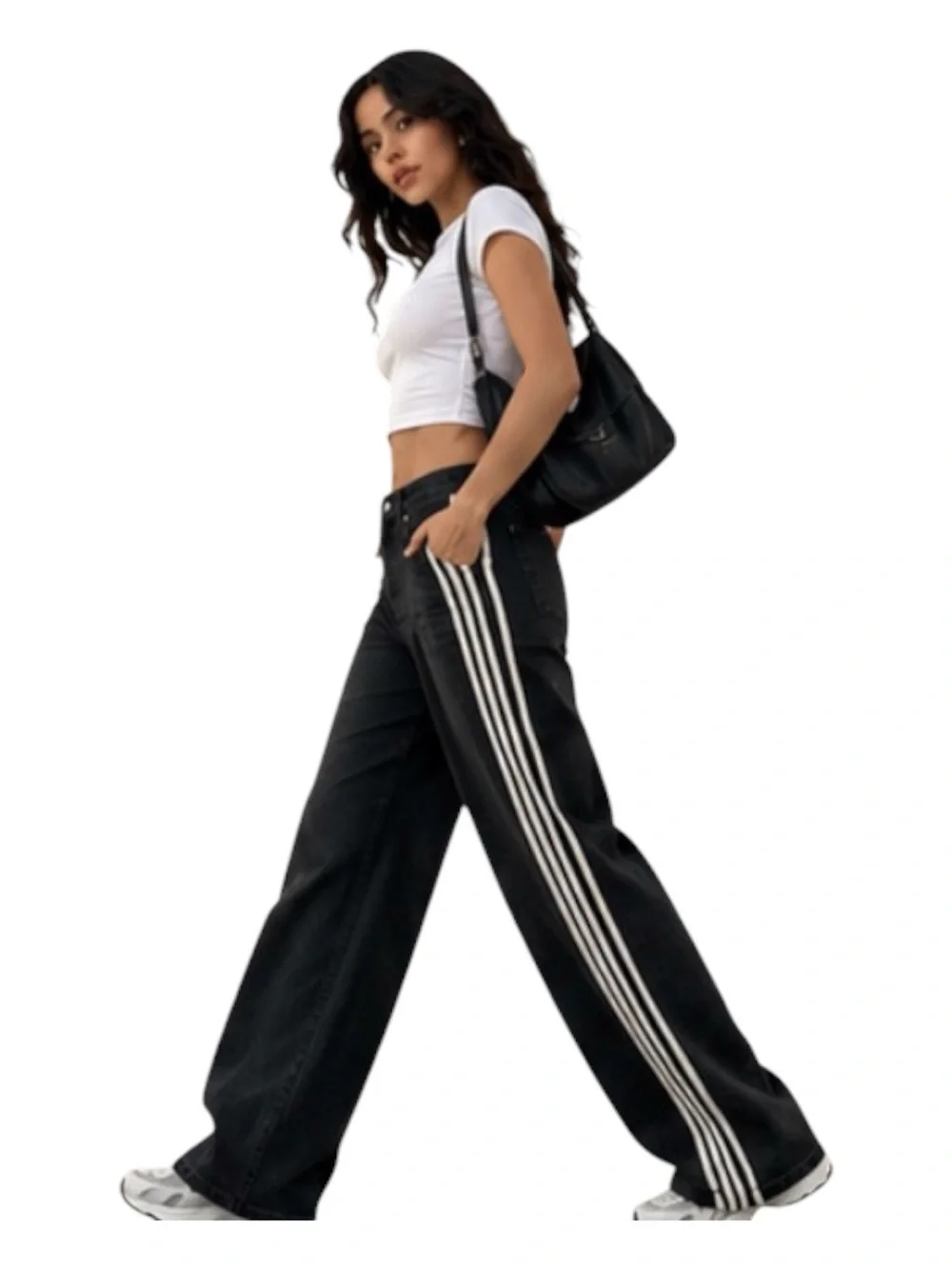 YNC Wide Leg High Rise Jeans Y2K Sporty Black Wash 4 Stripe Skater Denim